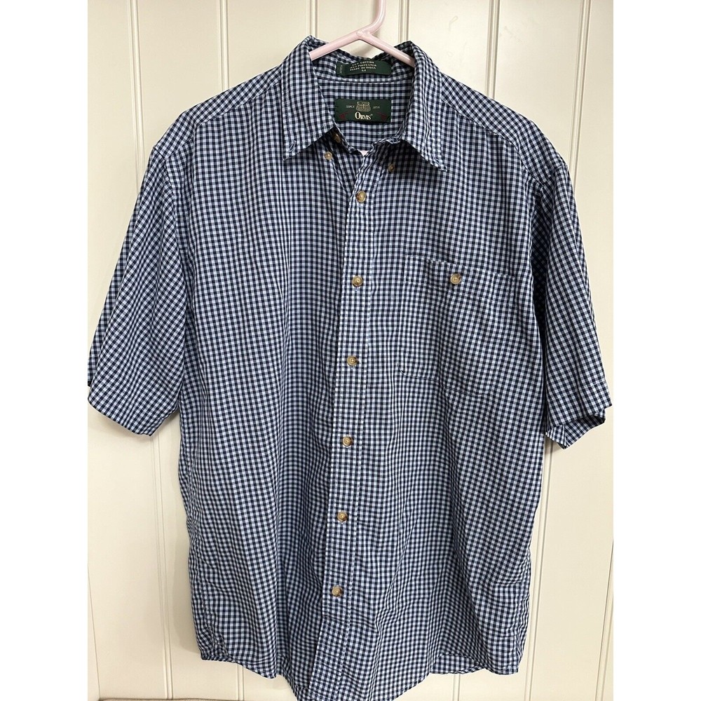Orvis Shirt Men's Size Medium Blue & White Mini Check Short Sleeve Button‎ Down